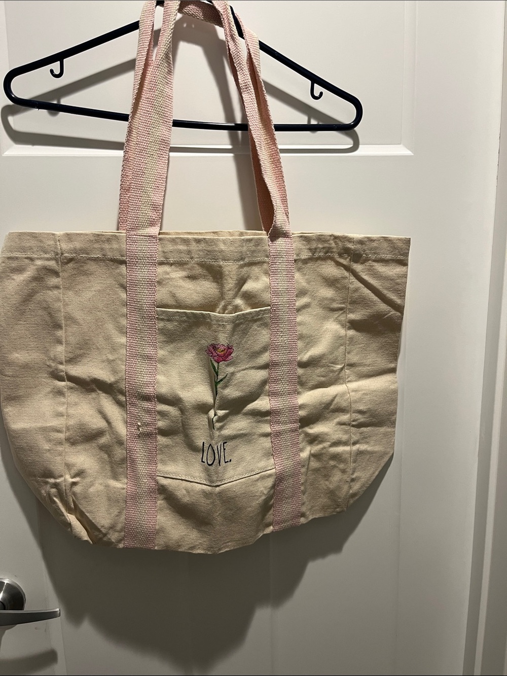 Rae Dunn Cream Canvas Tote with Pink Straps and Floral Embroidery